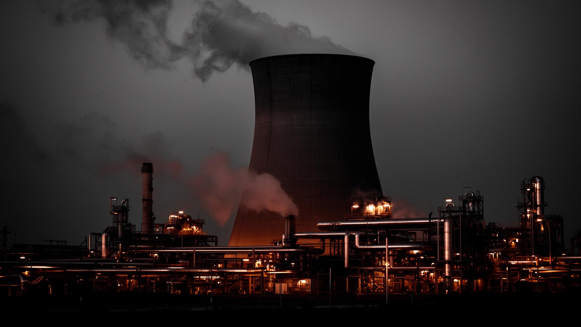 Industrial cooling tower and energy infrastructure at dusk